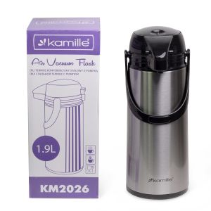 Термос Kamille 1900мл пластиковый со стеклянной колбой  (чёрный/серебро) KM-2026