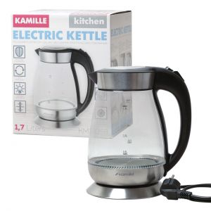 Чайник електричний Kamille 1.7л з синьою LED підсвічуванням і сталевими декоративними вставками KM-1705B